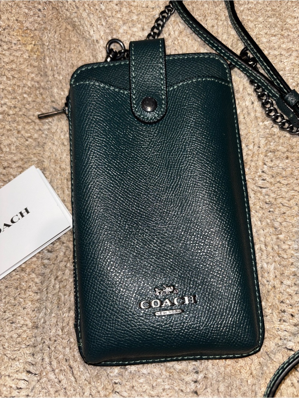 Coach North South Hunter Green Pebbled Leather Phone Pouch Crossbody
